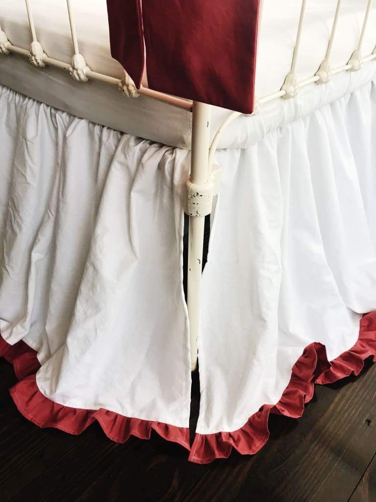 White and Blush Ruffled Crib Rail Cover and Skirt Set with Bows handmade heirloom nursery - High Cotton Textile