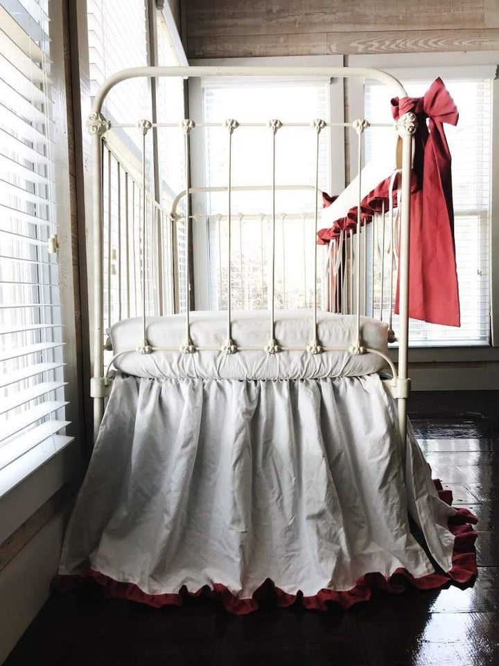 White and Blush Ruffled Crib Rail Cover and Skirt Set with Bows handmade heirloom nursery - High Cotton Textile