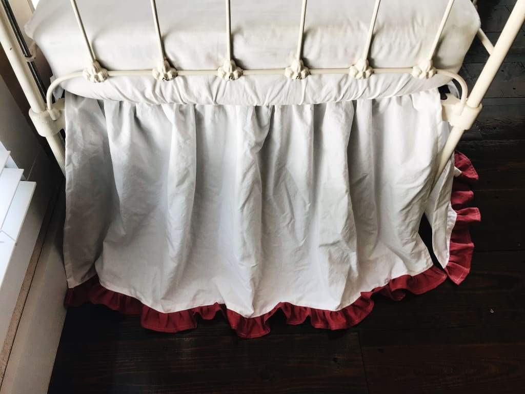 White and Blush Ruffled Crib Skirt handmade heirloom nursery - High Cotton Textile