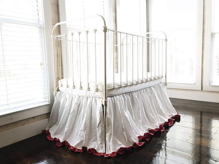 White and Blush Ruffled Crib Skirt handmade heirloom nursery - High Cotton Textile