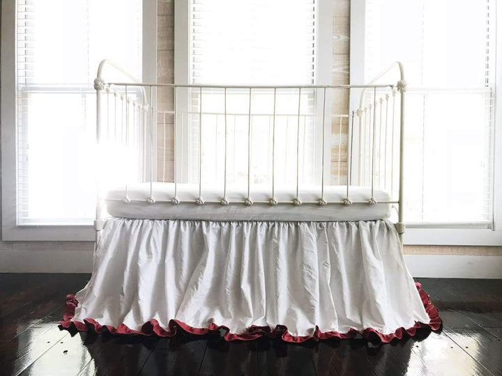 White and Blush Ruffled Crib Skirt handmade heirloom nursery - High Cotton Textile