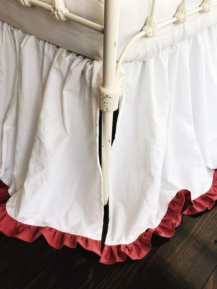 White and Blush Ruffled Crib Skirt handmade heirloom nursery - High Cotton Textile