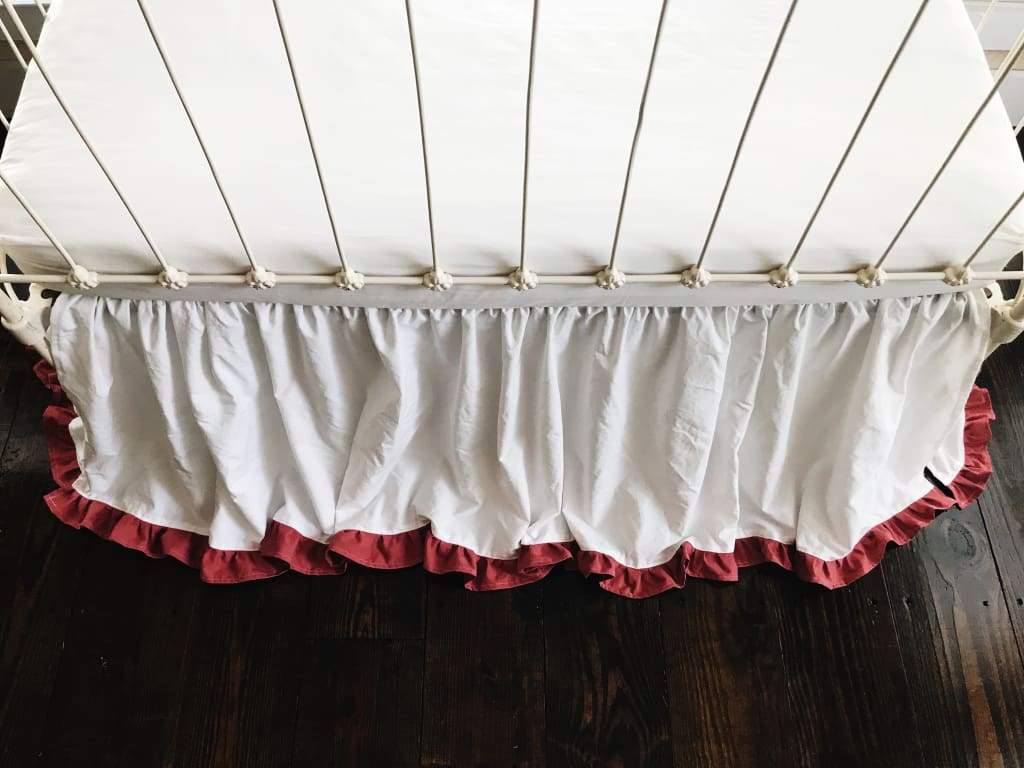 White and Blush Ruffled Crib Skirt handmade heirloom nursery - High Cotton Textile