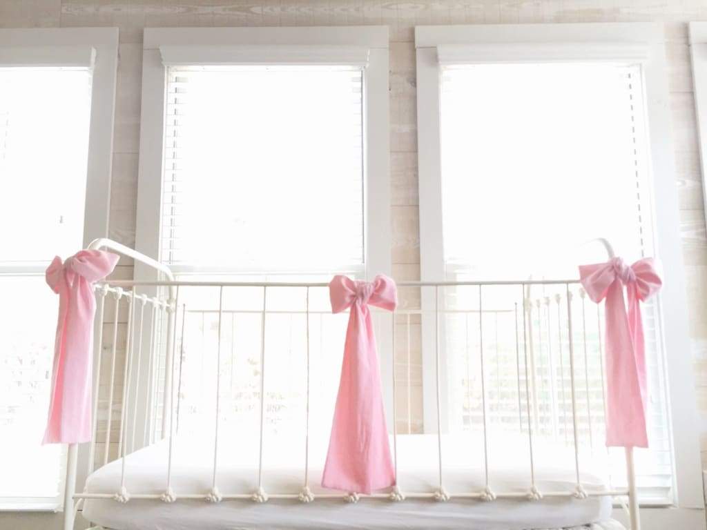 White and Carnation Pink Farmhouse Baby Girl Crib Set handmade heirloom nursery - High Cotton Textile