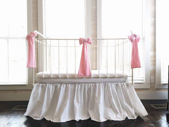 White and Carnation Pink Farmhouse Baby Girl Crib Set handmade heirloom nursery - High Cotton Textile