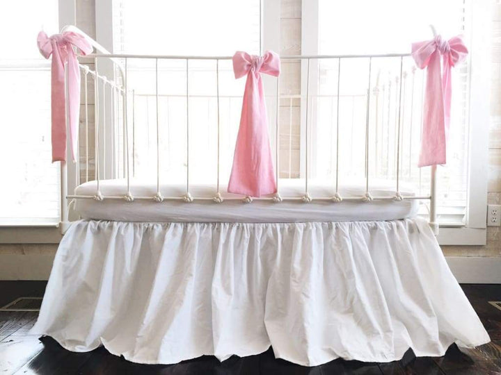White and Carnation Pink Farmhouse Baby Girl Crib Set handmade heirloom nursery - High Cotton Textile
