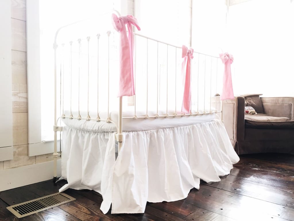 White and Carnation Pink Farmhouse Baby Girl Crib Set handmade heirloom nursery - High Cotton Textile