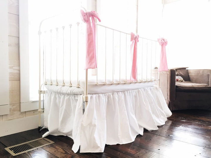 White and Carnation Pink Farmhouse Baby Girl Crib Set handmade heirloom nursery - High Cotton Textile