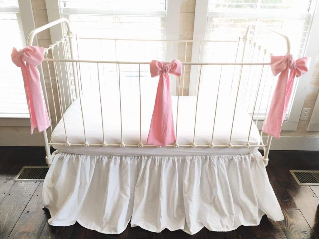 White and Carnation Pink Farmhouse Baby Girl Crib Set handmade heirloom nursery - High Cotton Textile