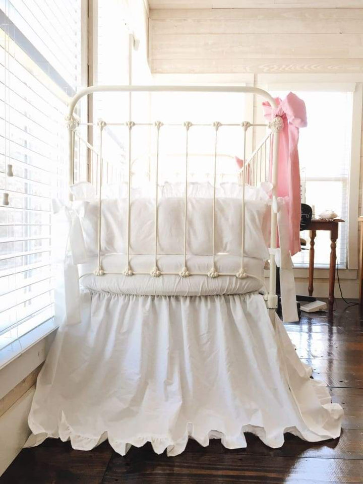 White and Carnation Ruffled Crib Bedding Set for Girls - High Cotton Textile 