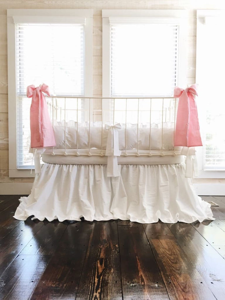 White and Carnation Ruffled Crib Bedding Set for Girls - High Cotton Textile 