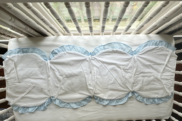 The rail cover laid flat showing its four scallops, blue ruffle edging and white ties