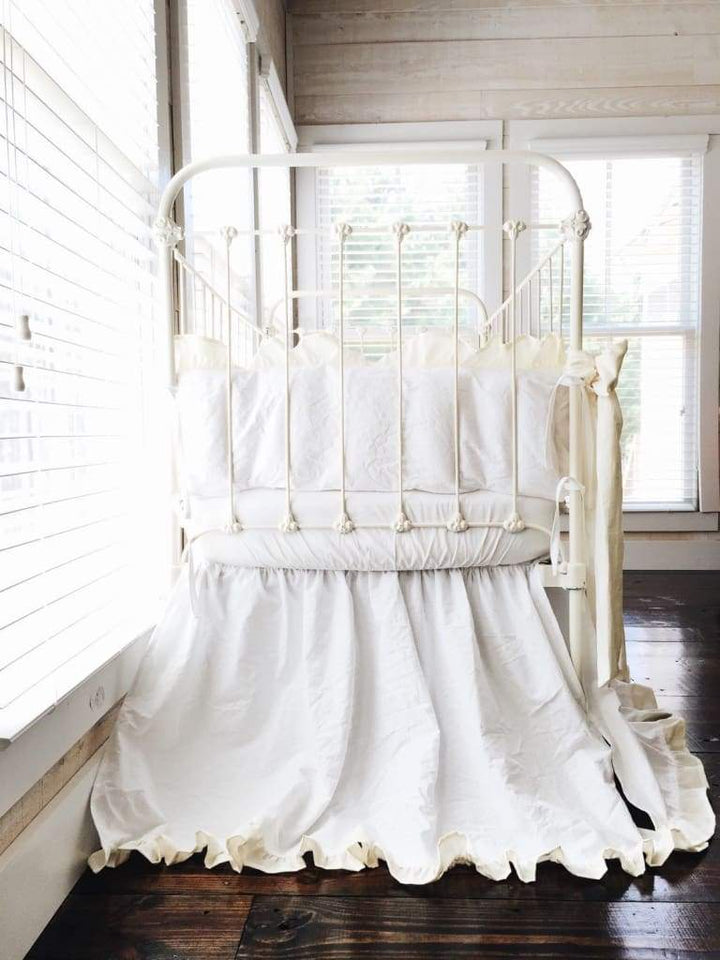 White and Ivory Ruffled Crib Bedding Set and Large Crib Bows - High Cotton Textile 