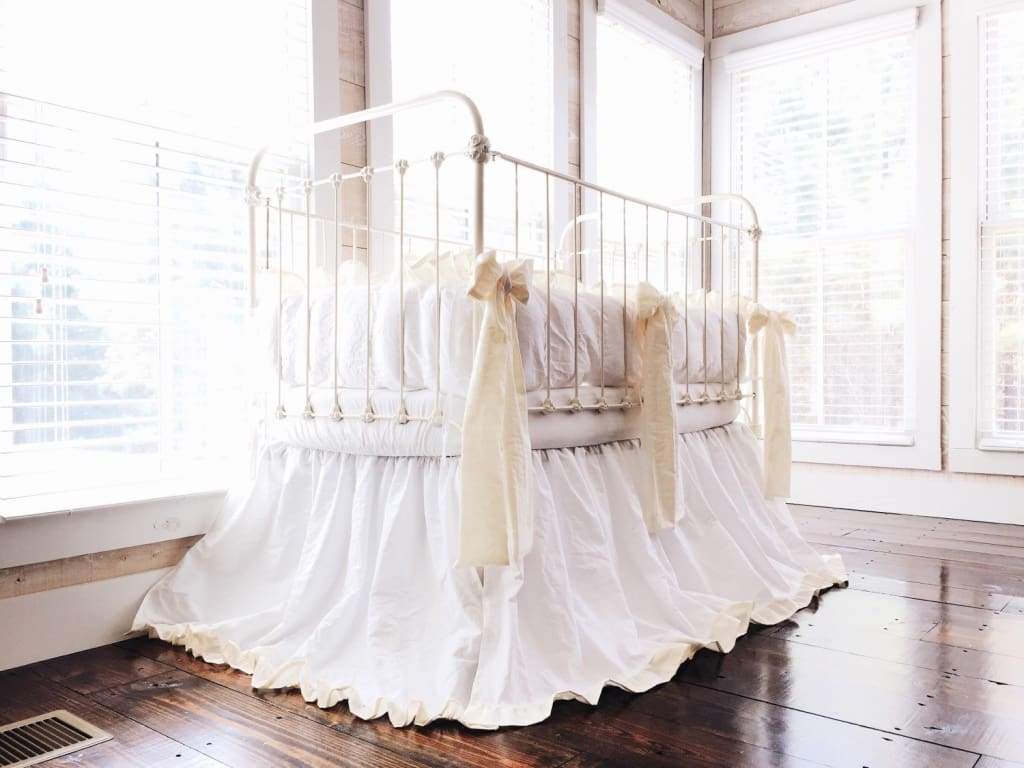 White and Ivory Ruffled Crib Bedding Set and Large Crib Bows - High Cotton Textile 