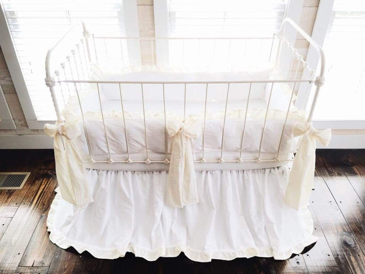 White and Ivory Ruffled Crib Bedding Set and Large Crib Bows - High Cotton Textile 