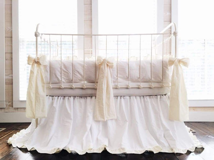 White and Ivory Ruffled Crib Bedding Set and Large Crib Bows - High Cotton Textile 