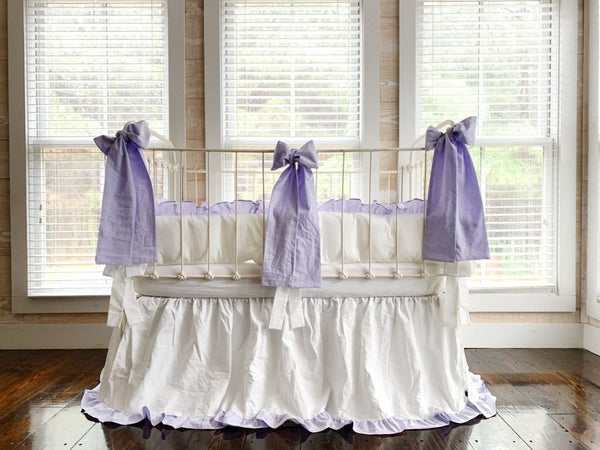 White and Lavender Baby Girl Ruffled Crib Bedding Set with Large Crib Bows High Cotton Textile