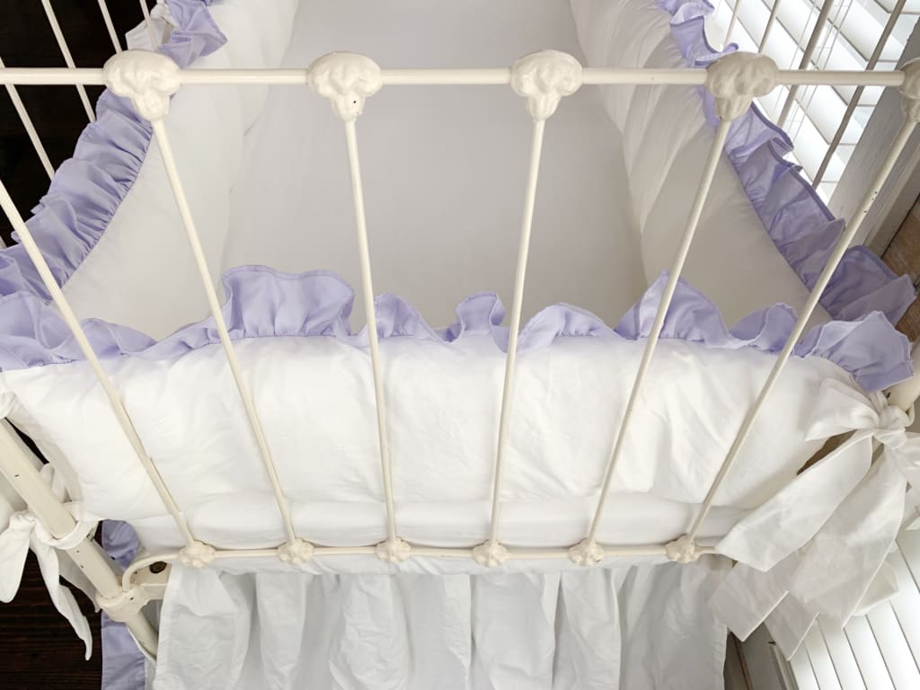White and Lavender Ruffled Crib Liner Set
