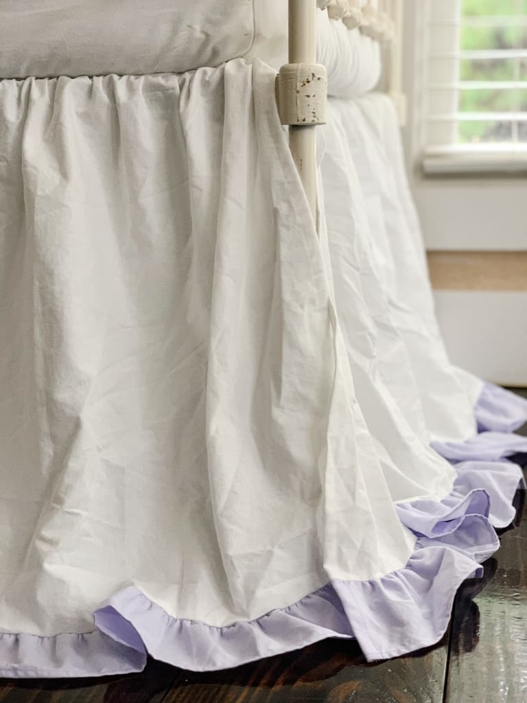 White and Lavender Ruffled Crib Skirt handmade heirloom nursery - High Cotton Textile