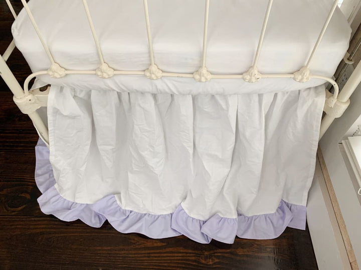 White and Lavender Ruffled Crib Skirt handmade heirloom nursery - High Cotton Textile