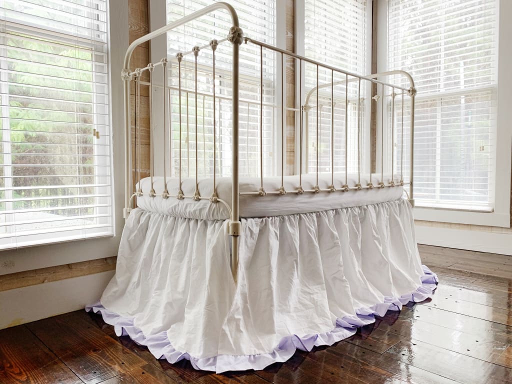 White and Lavender Ruffled Crib Skirt handmade heirloom nursery - High Cotton Textile
