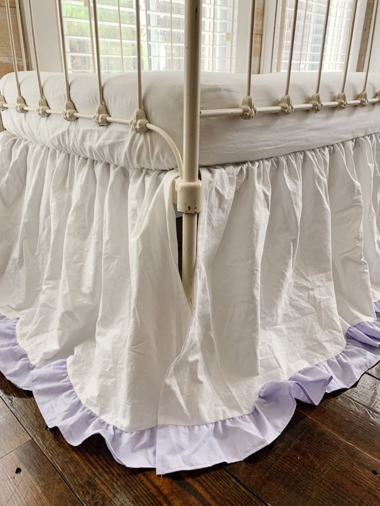 White and Lavender Ruffled Crib Skirt handmade heirloom nursery - High Cotton Textile