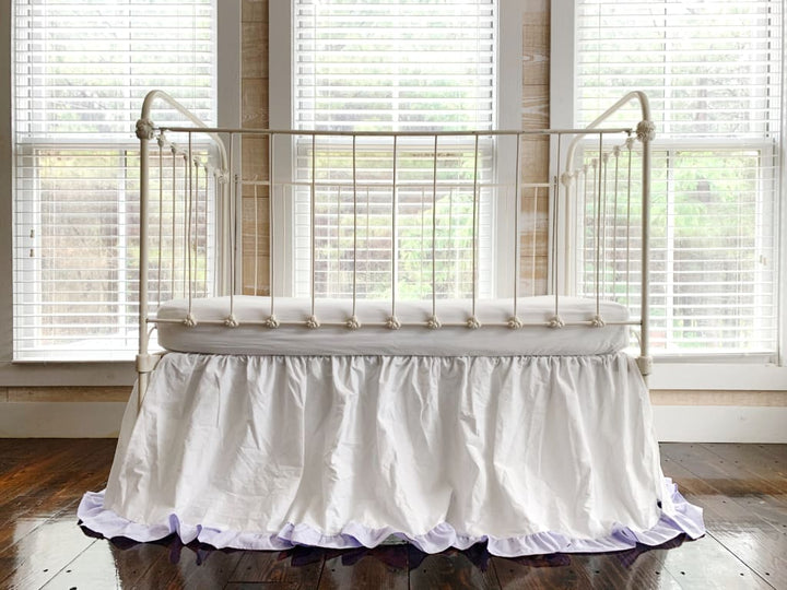 White and Lavender Ruffled Crib Skirt handmade heirloom nursery - High Cotton Textile