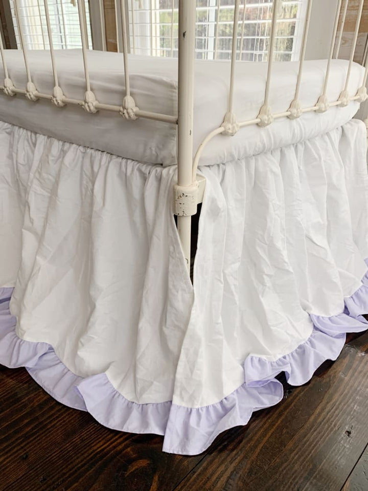 White and Lavender Ruffled Crib Skirt handmade heirloom nursery - High Cotton Textile