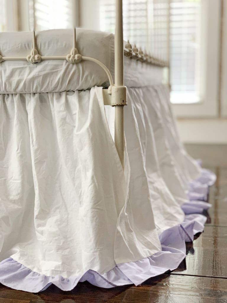 White and Lavender Ruffled Crib Skirt handmade heirloom nursery - High Cotton Textile