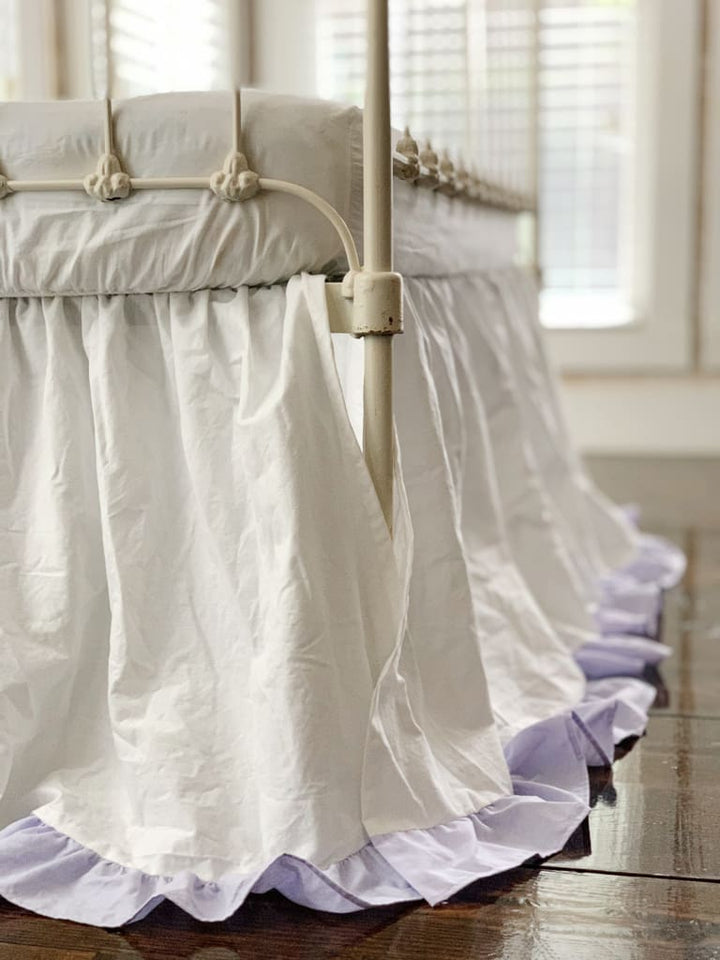 White and Lavender Ruffled Crib Skirt handmade heirloom nursery - High Cotton Textile