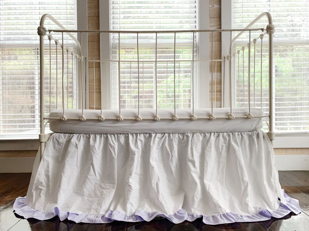 White and Lavender Ruffled Crib Skirt handmade heirloom nursery - High Cotton Textile