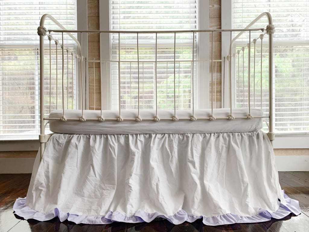 White and Lavender Ruffled Crib Skirt