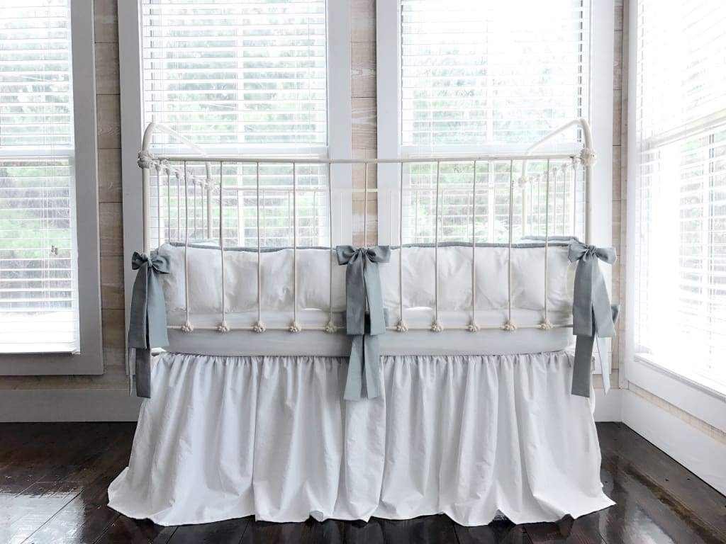 White and Silver Grey Farmhouse Tailored Crib Bedding Set - High Cotton Textile 