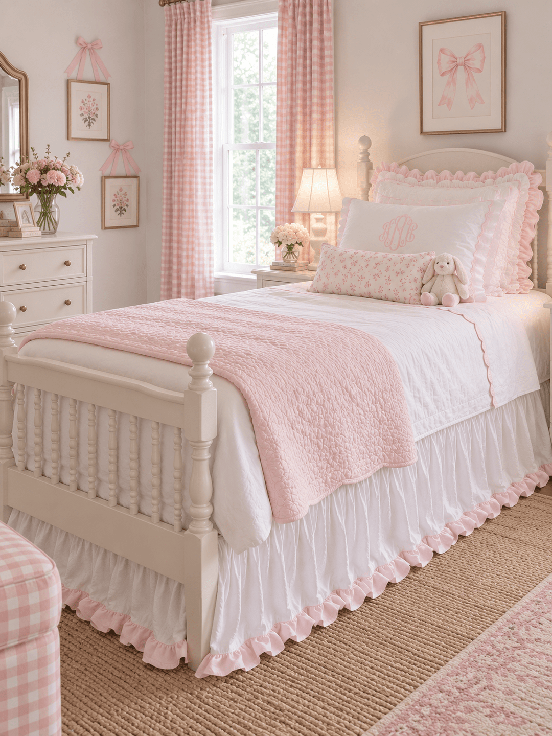 Twin bed dressed with a white ruffled bed skirt trimmed in baby pink, with pink gingham curtains behind - High Cotton Textile
