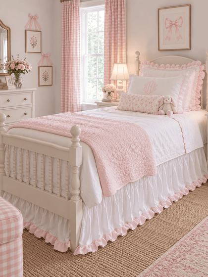 Twin bed dressed with a white ruffled bed skirt trimmed in baby pink, with pink gingham curtains behind - High Cotton Textile