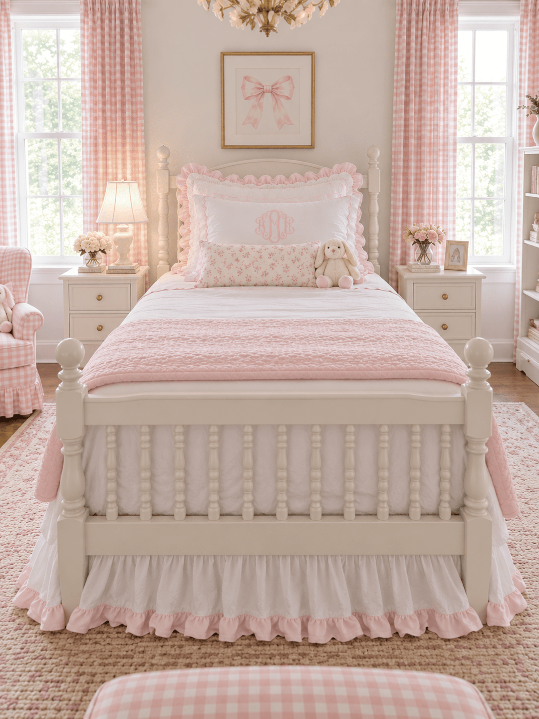 Straight on view from the foot of a spindle bed showing the white and baby pink ruffled twin bed skirt - High Cotton Textile