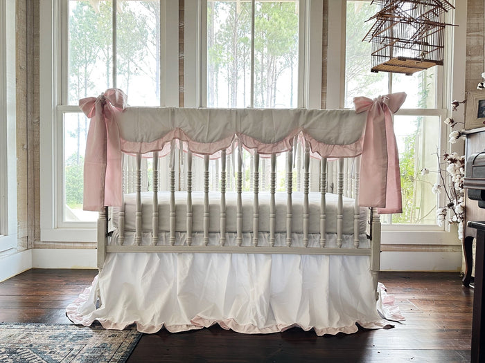 White & Baby Pink Ruffled Crib Rail Cover, Skirt & Bow Set | Baby Girl Nursery Bedding handmade heirloom nursery - High Cotton Textile