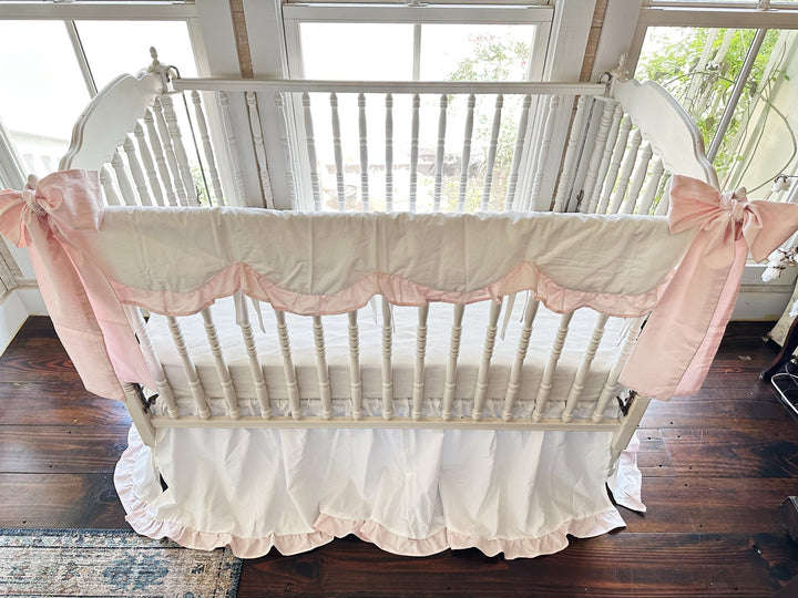 White & Baby Pink Ruffled Crib Rail Cover, Skirt & Bow Set | Baby Girl Nursery Bedding handmade heirloom nursery - High Cotton Textile