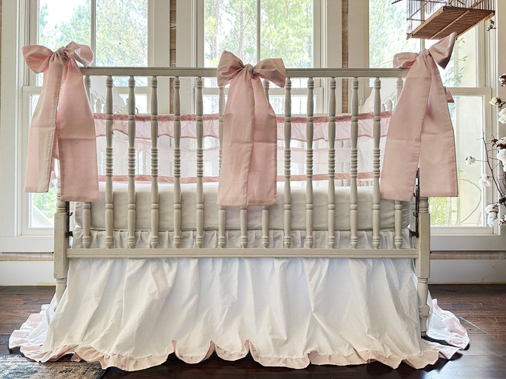 White & Baby Pink Ruffled Mesh Crib Liner, Skirt & Bow Set | Safe Sleep Baby Girl Nursery Bedding handmade heirloom nursery - High Cotton Textile