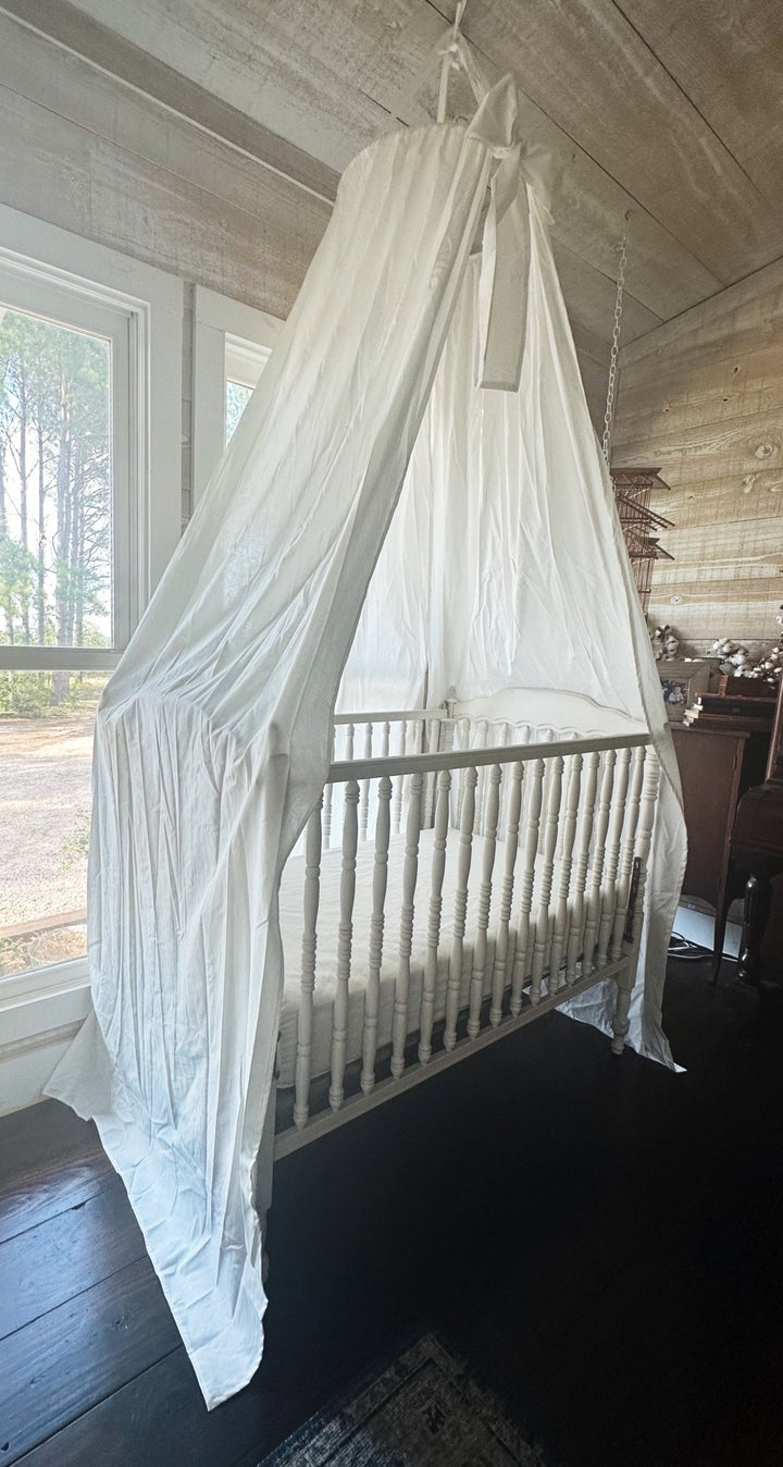 White Crib Canopy — Floor-Length Farmhouse Nursery Drape with Bow handmade heirloom nursery - High Cotton Textile