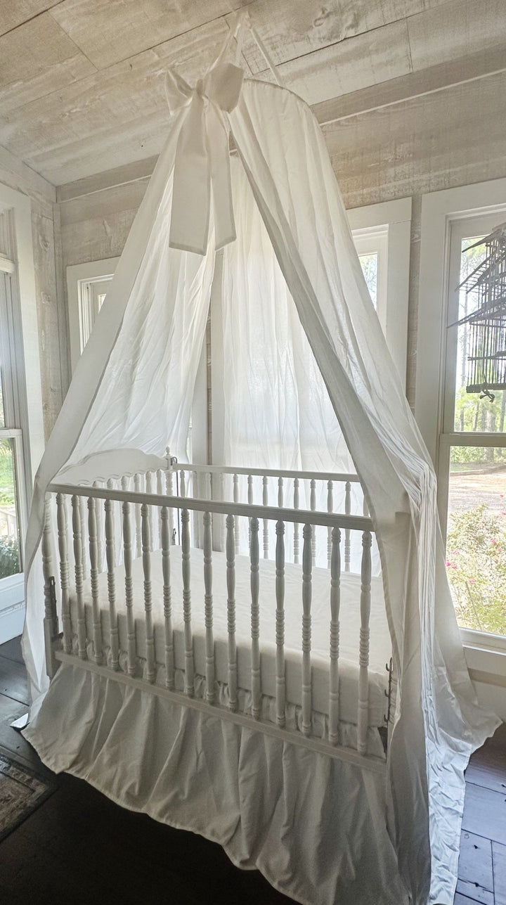 White Crib Canopy Set with Matching Crib Skirt — Farmhouse Nursery handmade heirloom nursery - High Cotton Textile