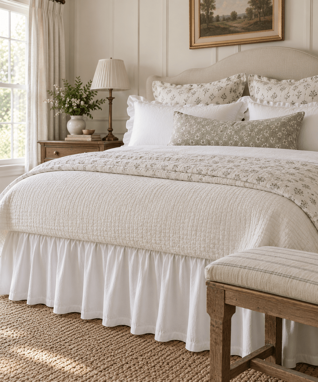 A beautifully styled bedroom featuring a bed dressed in a textured cream quilt, a white farmhouse cotton bed skirt by High Cotton Textile, matching floral pillows, and a sage green accent pillow. The room has white paneled walls, a wooden nightstand with a lamp, and a window with sheer curtains.