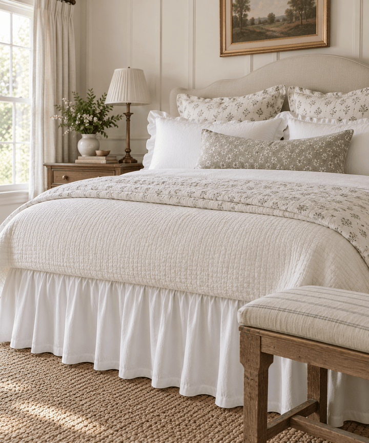 A beautifully styled bedroom featuring a bed dressed in a textured cream quilt, a white farmhouse cotton bed skirt by High Cotton Textile, matching floral pillows, and a sage green accent pillow. The room has white paneled walls, a wooden nightstand with a lamp, and a window with sheer curtains.