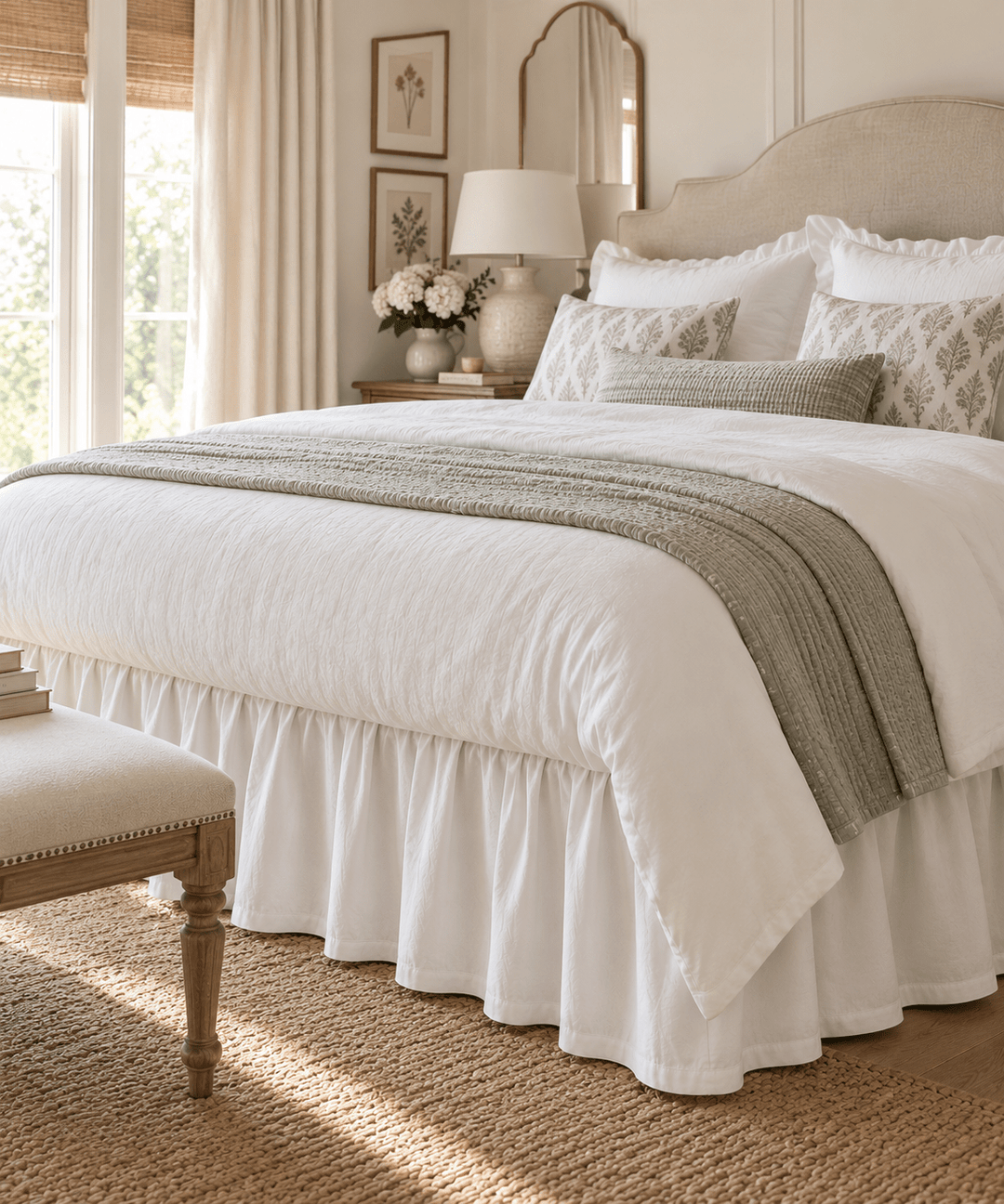 Corner of a made bed showing the white farmhouse cotton bed skirt in deep even gathers falling to a jute rug, with an upholstered bench and a sunlit window behind