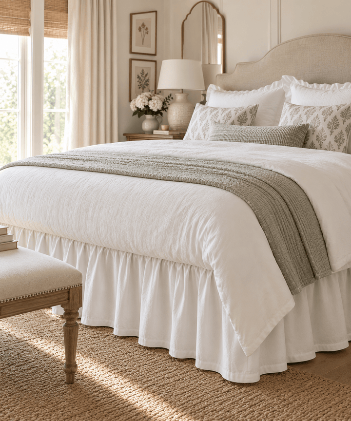 Corner of a made bed showing the white farmhouse cotton bed skirt in deep even gathers falling to a jute rug, with an upholstered bench and a sunlit window behind