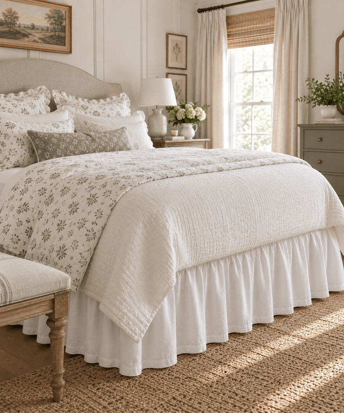 A beautifully styled bedroom featuring a bed dressed in a white farmhouse bed skirt by High Cotton Textile and a cream quilted coverlet with a delicate green floral pattern. The scene is set in a warm, neutral-toned bedroom with a wooden headboard, a matching upholstered bench, a green dresser, and a window with beige curtains.
