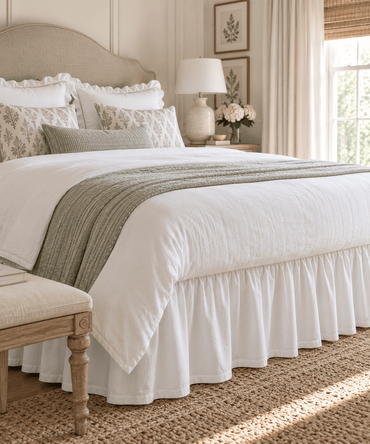 White farmhouse cotton bed skirt seen from the foot of the bed, gathers running the full width beneath a white duvet, sage green quilt and printed shams, with an upholstered headboard behind