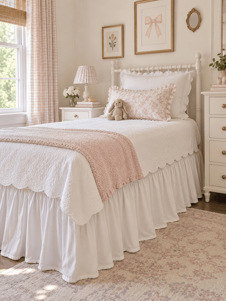 White farmhouse twin bed skirt in a girl's room with pink gingham curtains and a scalloped coverlet - High Cotton Textile