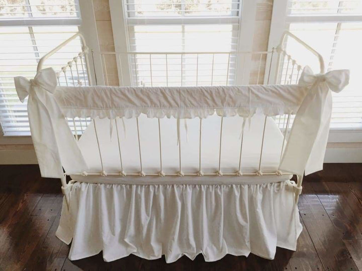 White Farmhouse Ruffle Crib Rail Cover Set handmade heirloom nursery - High Cotton Textile