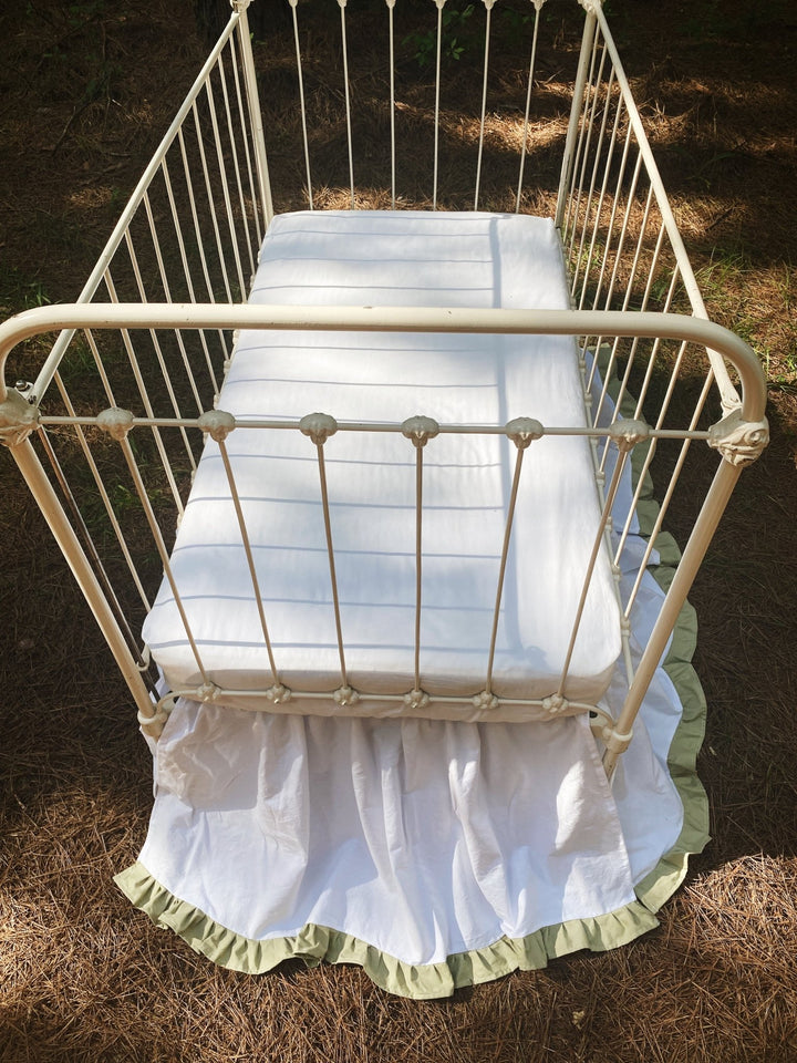 White Gathered Crib Skirt with Sage Green Ruffle Trim | 4-Sided | 22" Drop | Heirloom Nursery Bedding | Handmade in Alabama handmade heirloom nursery - High Cotton Textile